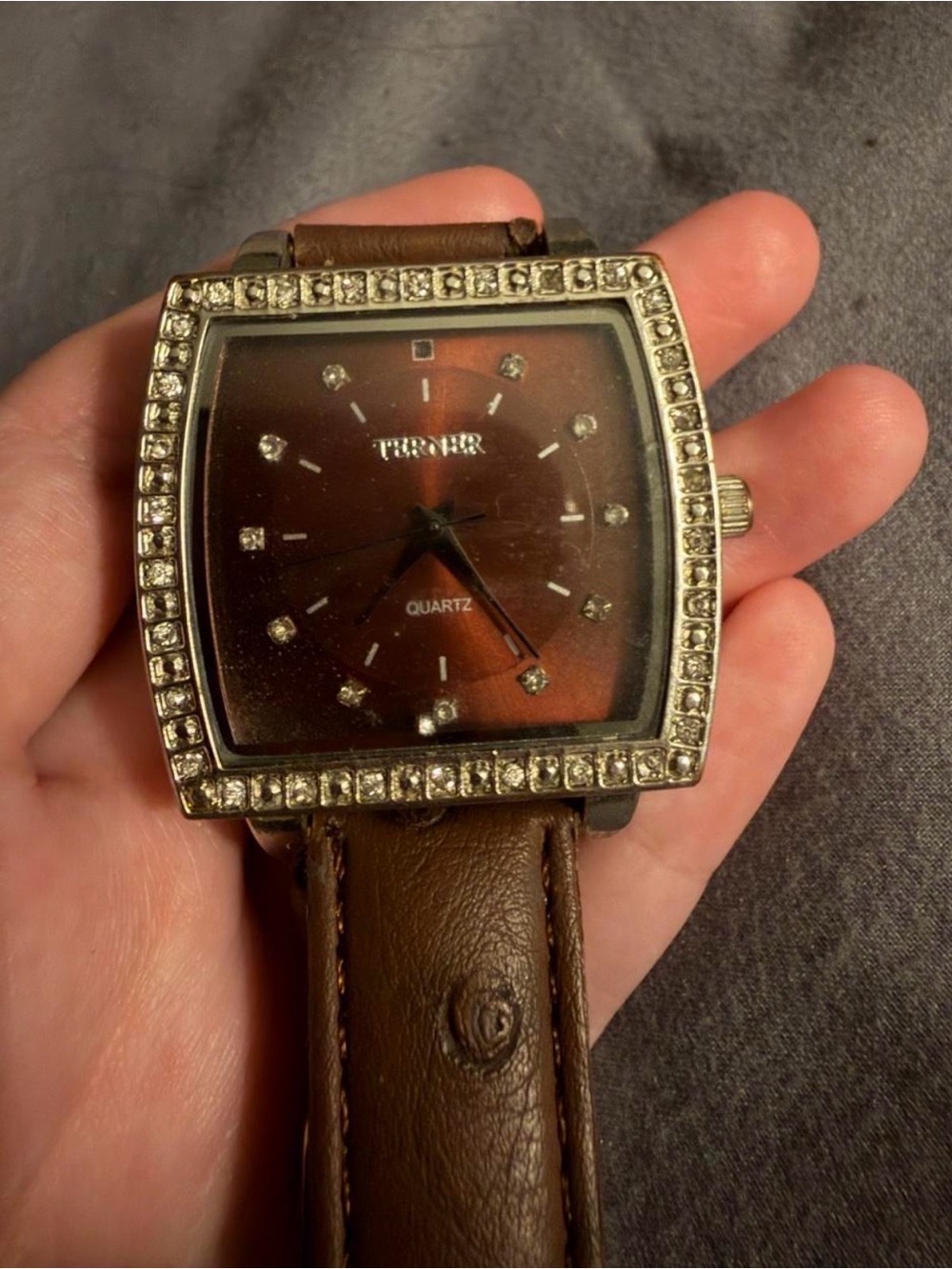 Bijoux Terner Brown Leather Strap Crystal Bezel Quartz Watch